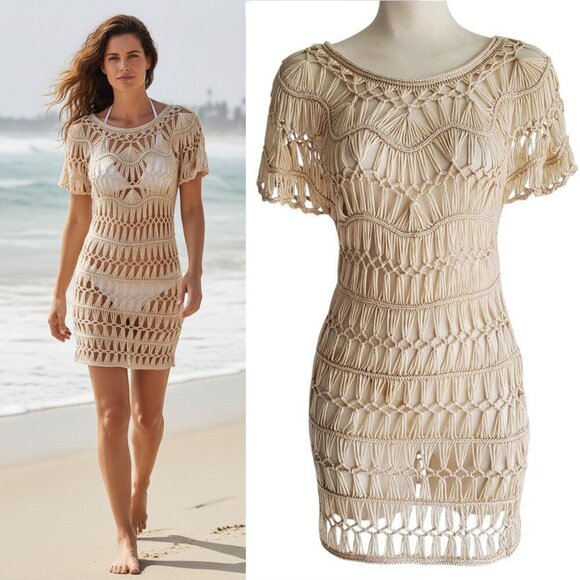 Macramé Crochet Open Weave Dress Beach Coverup Beige Size S/M - Picture 1 of 13